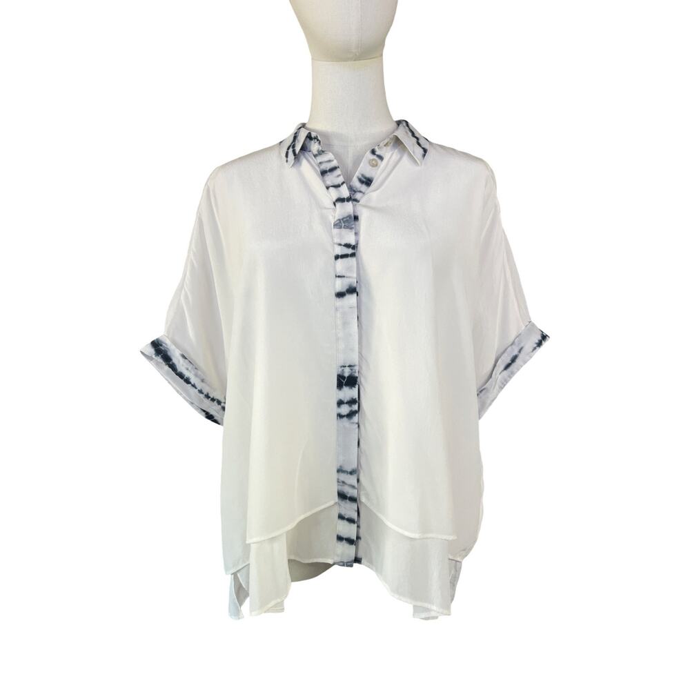 AllSaints Silk Blend Flowy Blouse White Navy Tie Dye Trim Shirt US 8 EU 40